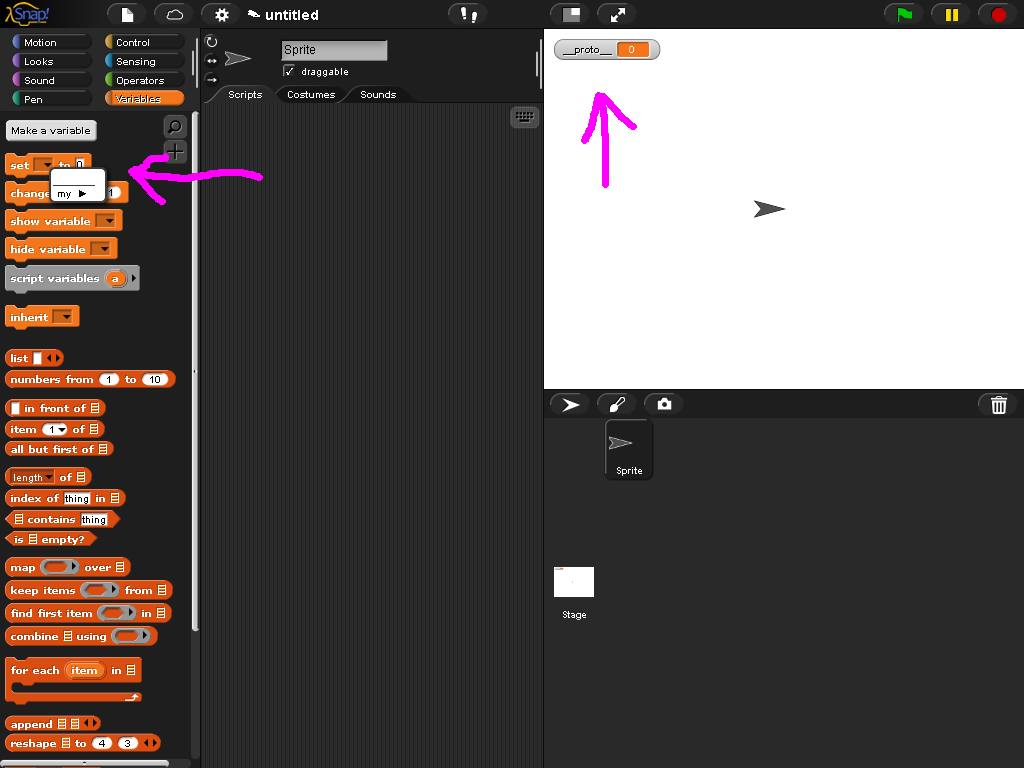 Variable named __proto__ doesn't show in variables tab - Snap! Bugs -  Snap! Forums